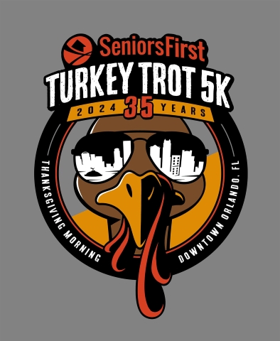 A cartoon turkey wearing sunglasses with the Orlando skyline reflected in the lenses, the logo for Seniors First Turkey Trot - one of our great things to do on Thanksgiving. 